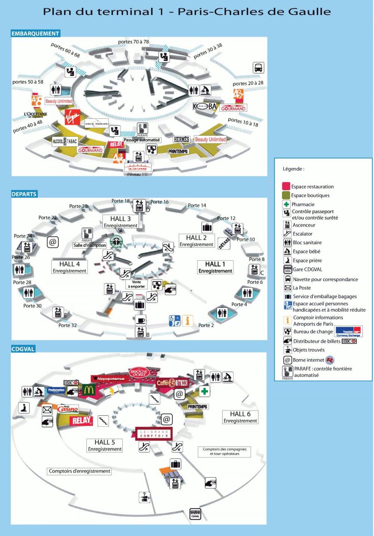 charles de gaulle, mapa letiště terminál 1