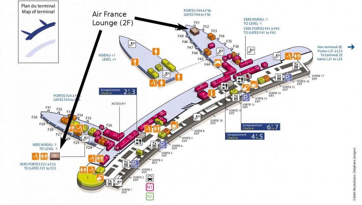 charles de gaulle, mapa letiště terminál 2e 2f k