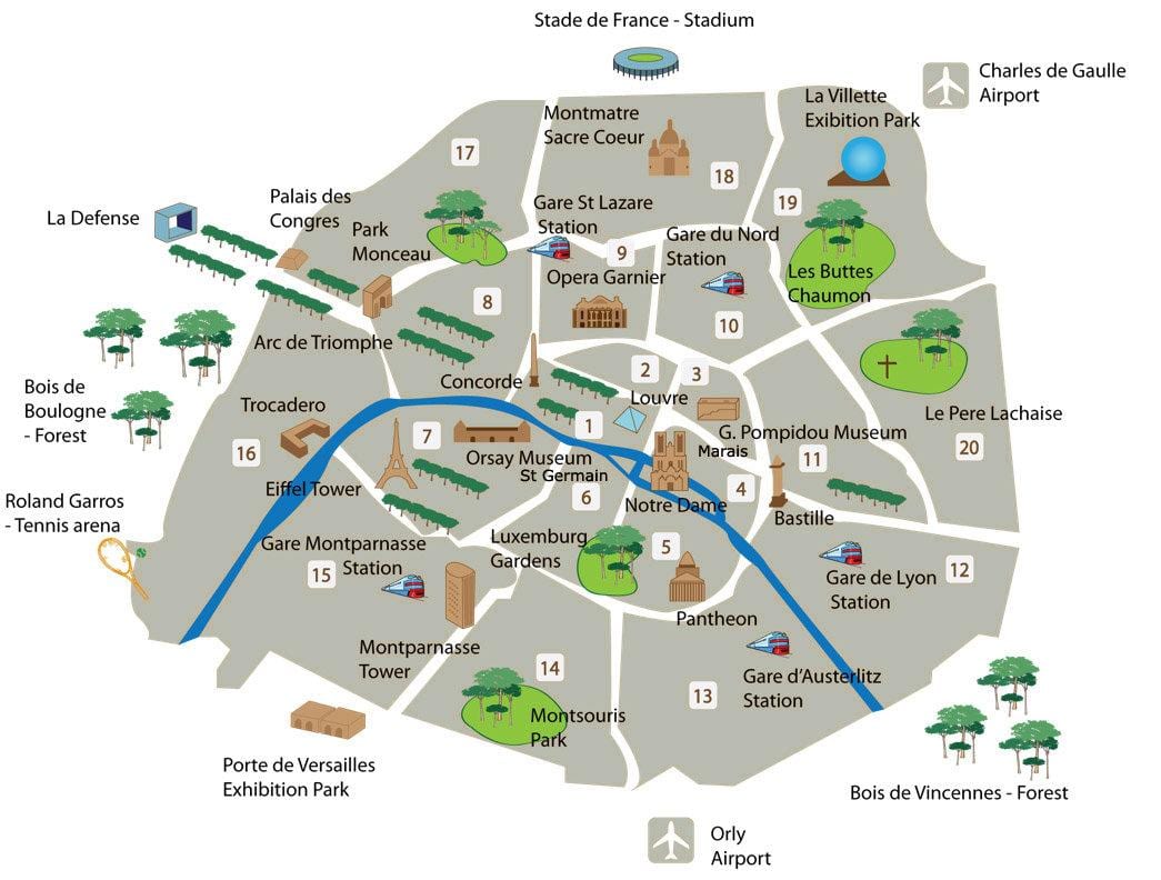 Paříž turistických atrakcí mapě