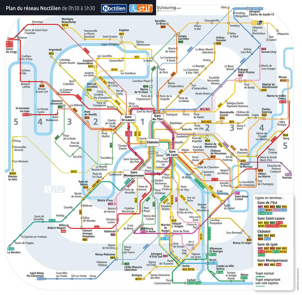 Mapa Paříže noční autobus