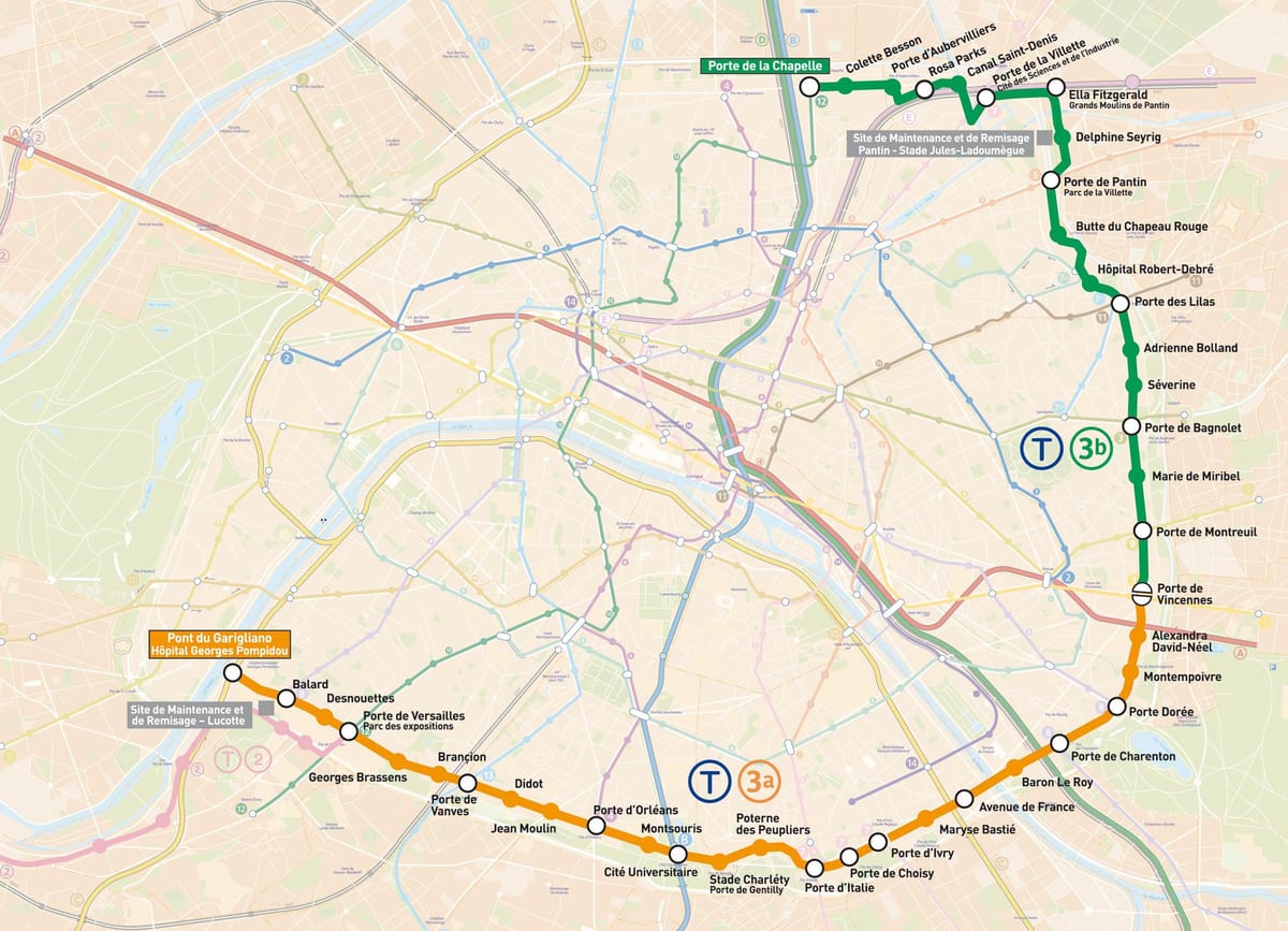 Mapa Paříže tramvaje