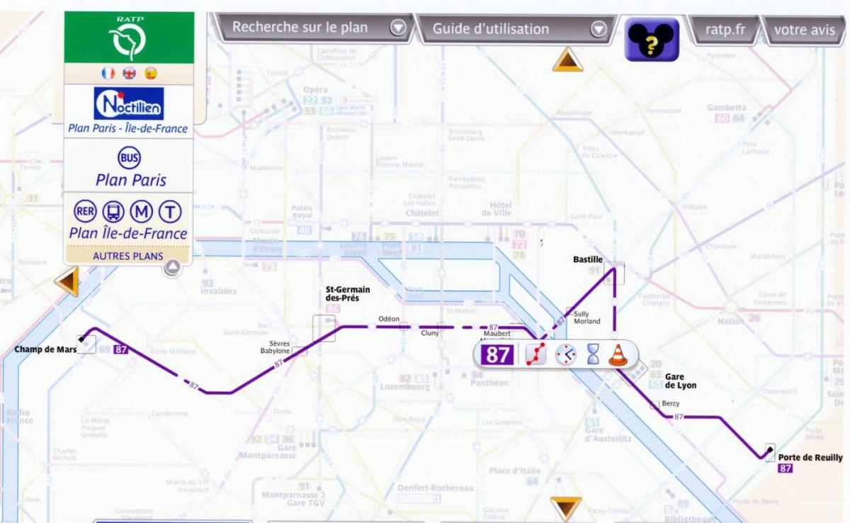 Mapa Paříže autobusové trasy 87 