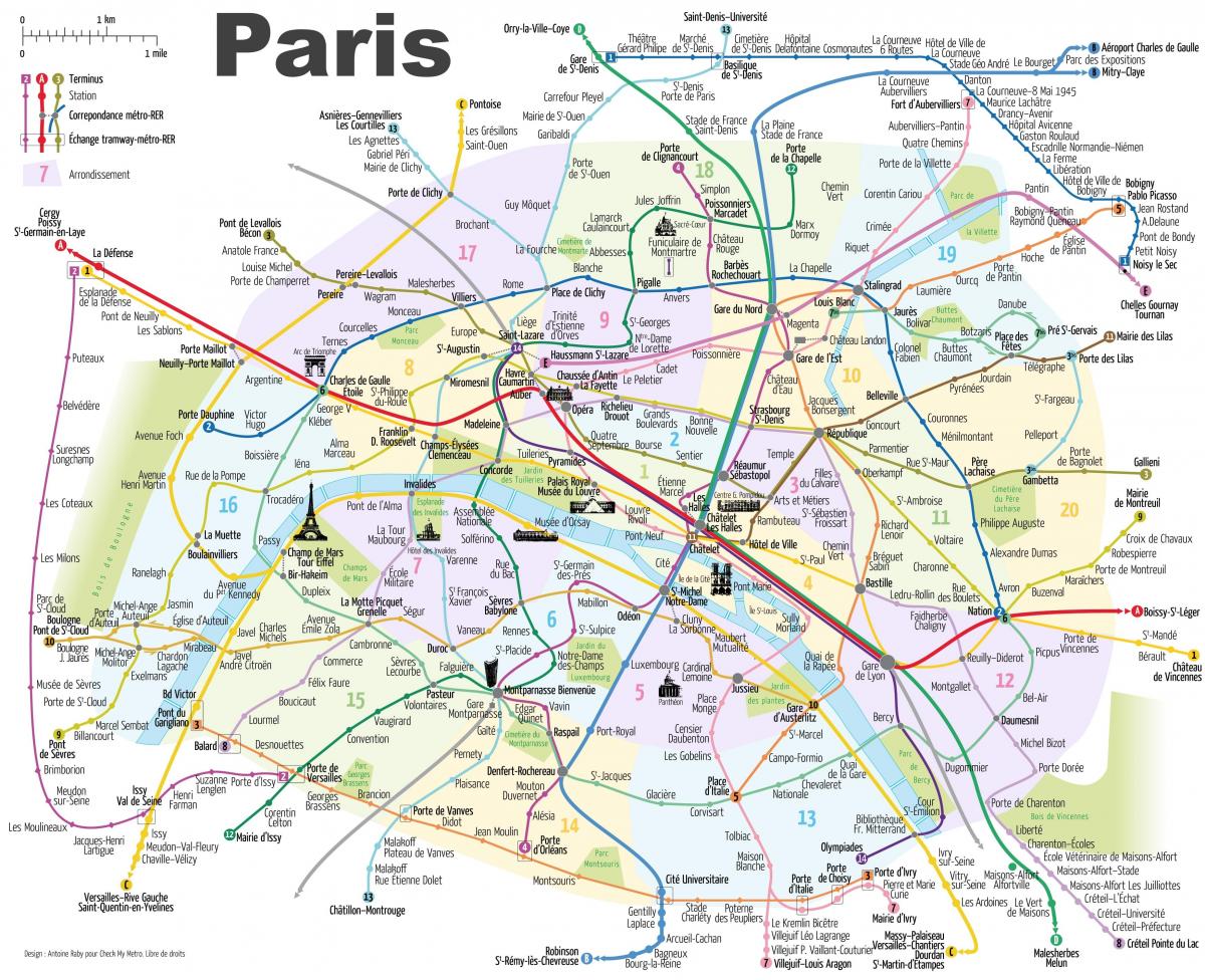 Mapa Pařížského metra s památkami