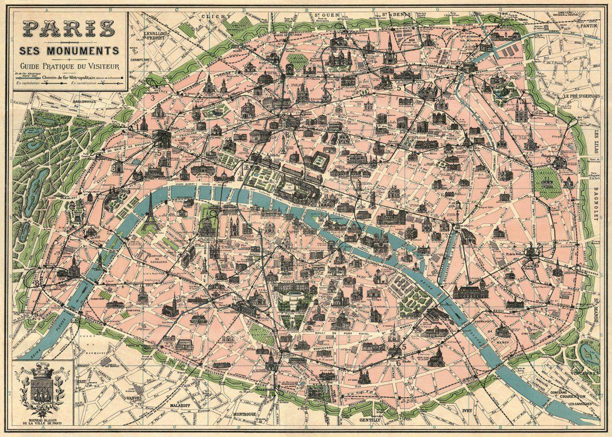 Mapa Paříže starožitné