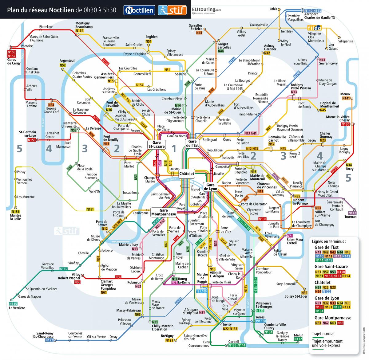 Mapa Paříže noční autobus
