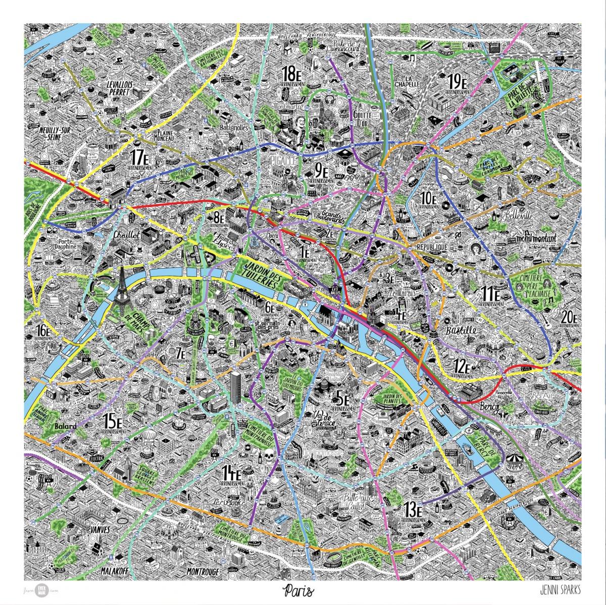 Mapa ručně malovaná Paříž
